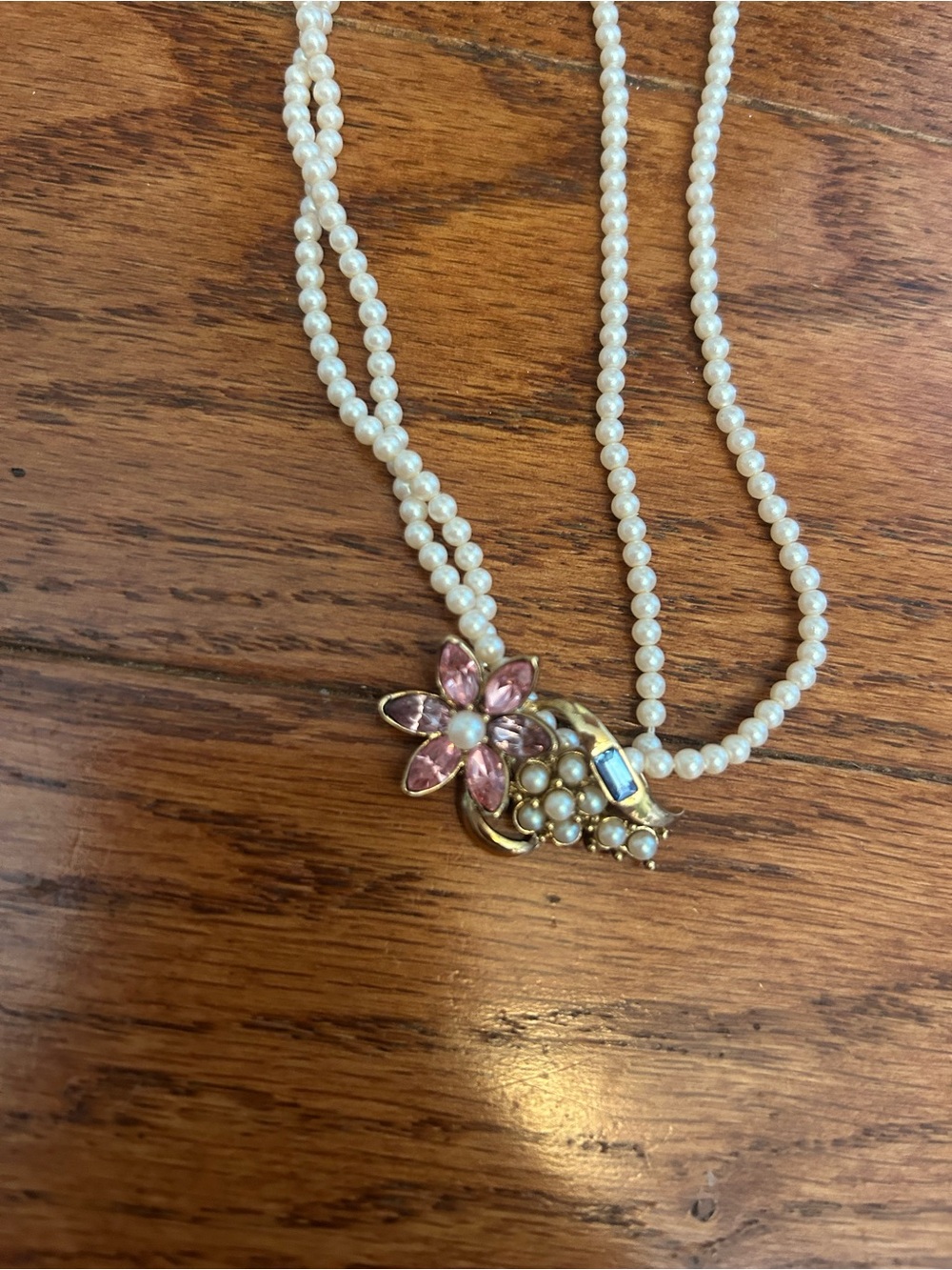 1928 Pink Floral Pearl Necklace with Gold Accents